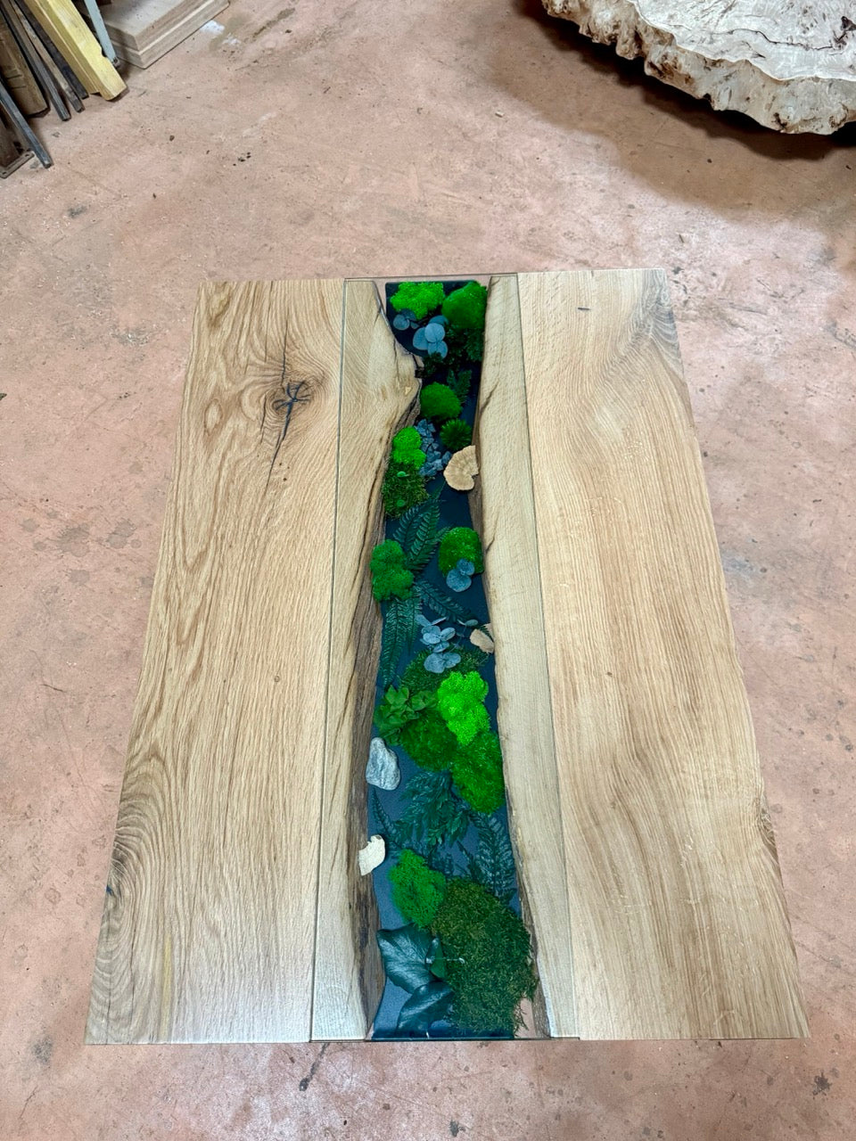 Table basse en bois de chêne et végétaux stabilisés