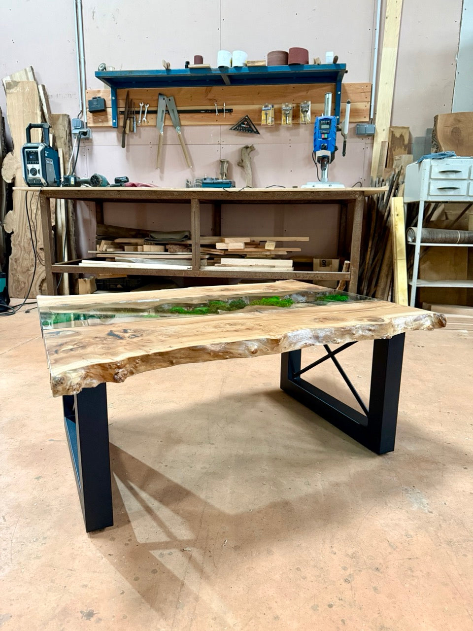 Table basse en bois d'orme et végétaux stabilisés